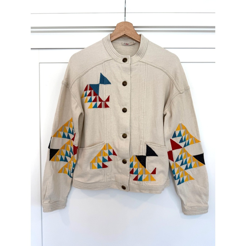 Faherty Women Cream Embroidered Linen Cotton Blend Button Front Jacket XS